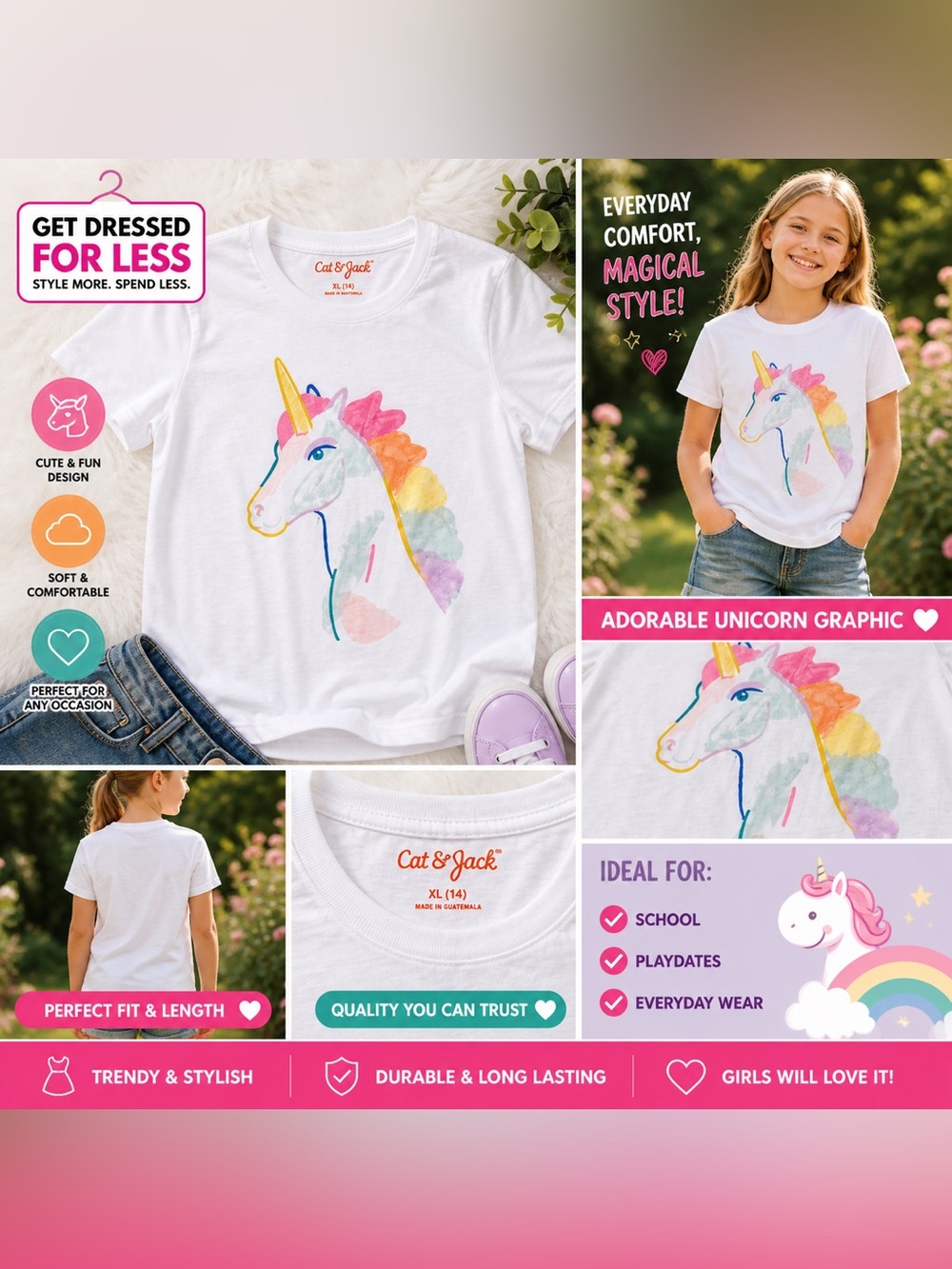 Cat & Jack Girls Unicorn Graphic T Shirt XL 14 White Rainbow Cute Tee